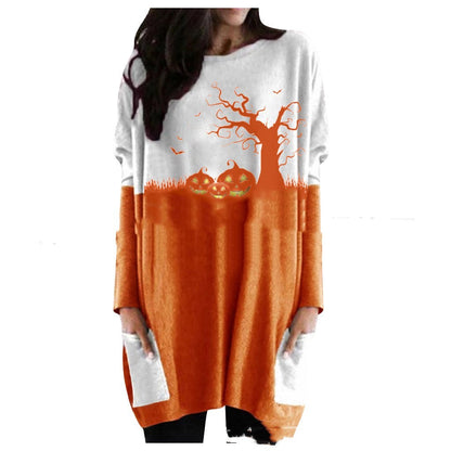 Halloween Pumpkin Stitching Long Sleeve Dress