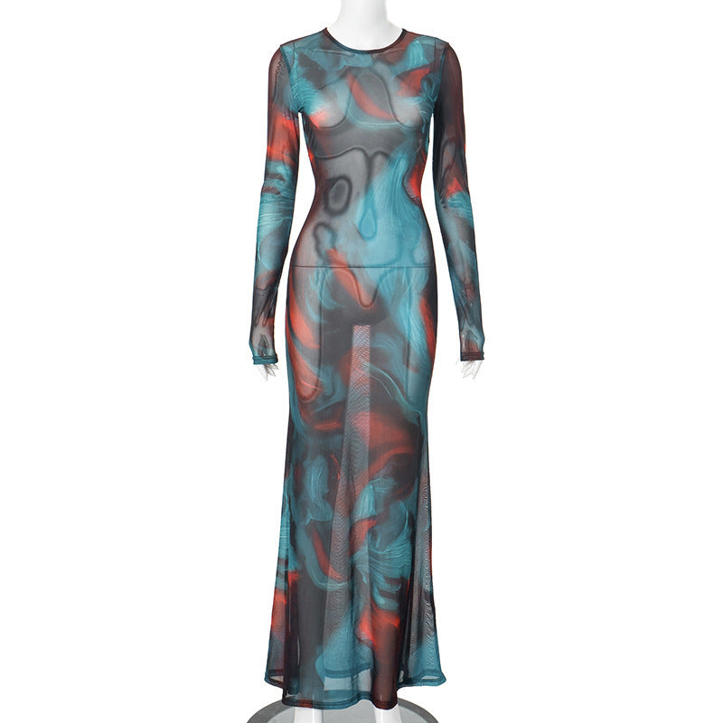 Vestido ajustado de manga larga con efecto tie-dye para mujer