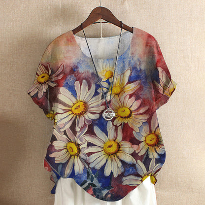 T-shirt à manches courtes imprimé peinture de fleurs et de plantes haut ample pour femme