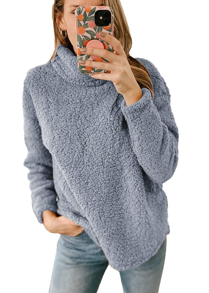 Ropa de mujer Nueva sudadera con capucha de color liso y cuello alto peludo Top de felpa para mujer