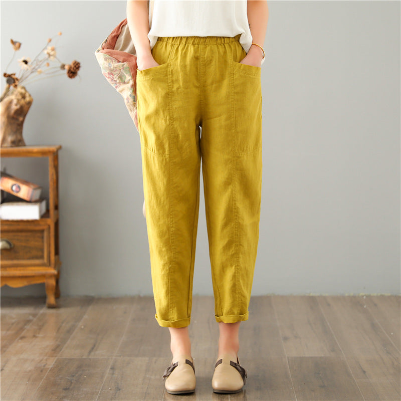 Pantalones casuales sueltos de cintura alta de lino para mujer