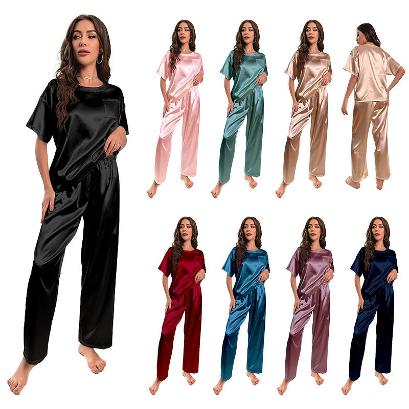 Pyjama en soie glacée pour femme Pantalon d'été à manches courtes