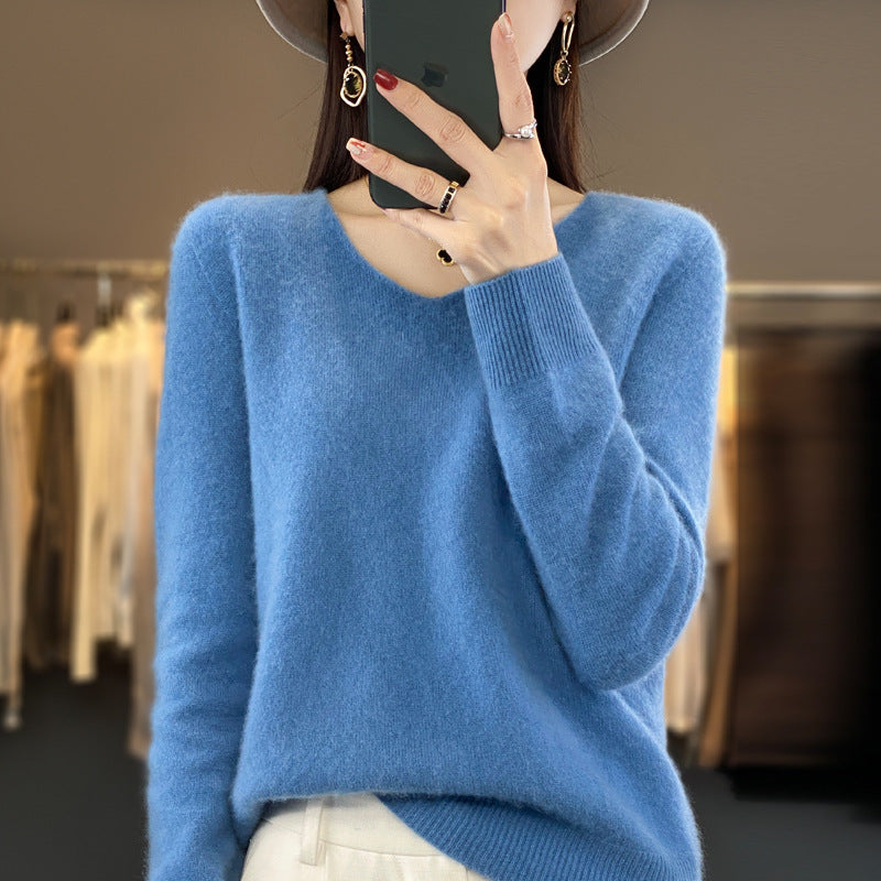 Women's Wool Sweater V-neck Autumn And Winter New Solid Color Loose-fitting Versatile Wool Loose Bottoming Shirt