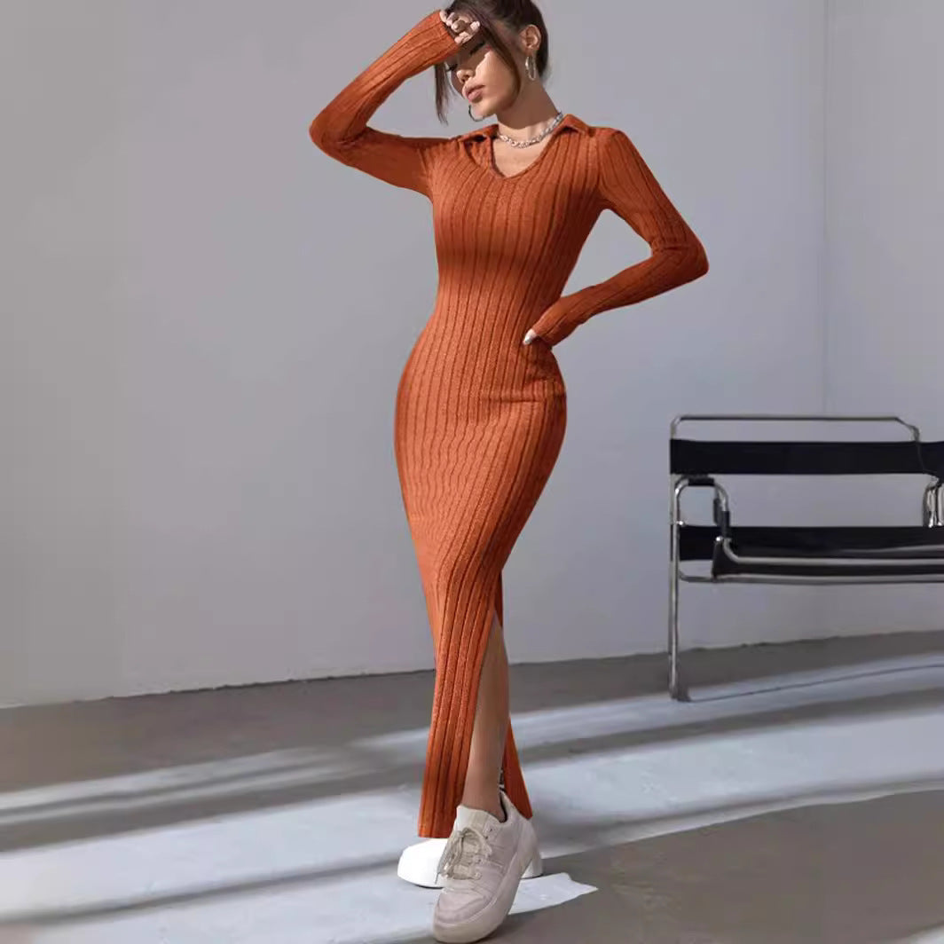 Women's Knitted Slim Lapel Long Sleeve Dress