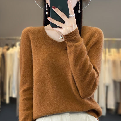 Women's Wool Sweater V-neck Autumn And Winter New Solid Color Loose-fitting Versatile Wool Loose Bottoming Shirt