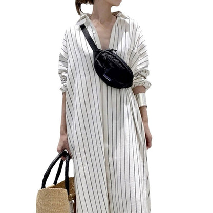 Lengthened Shirt Dress Spring And Autumn Stripes Cardigan