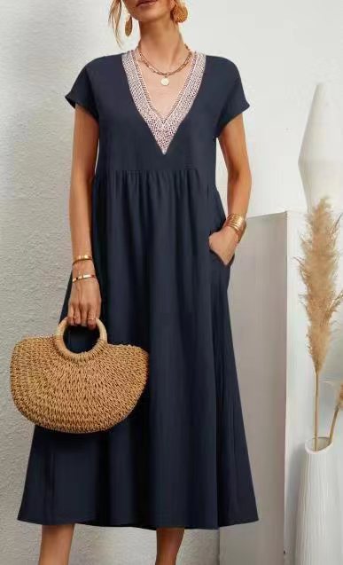 European And American Solid Color Lace V-neck Sleeveless Loose Cotton And Linen Pocket Dress