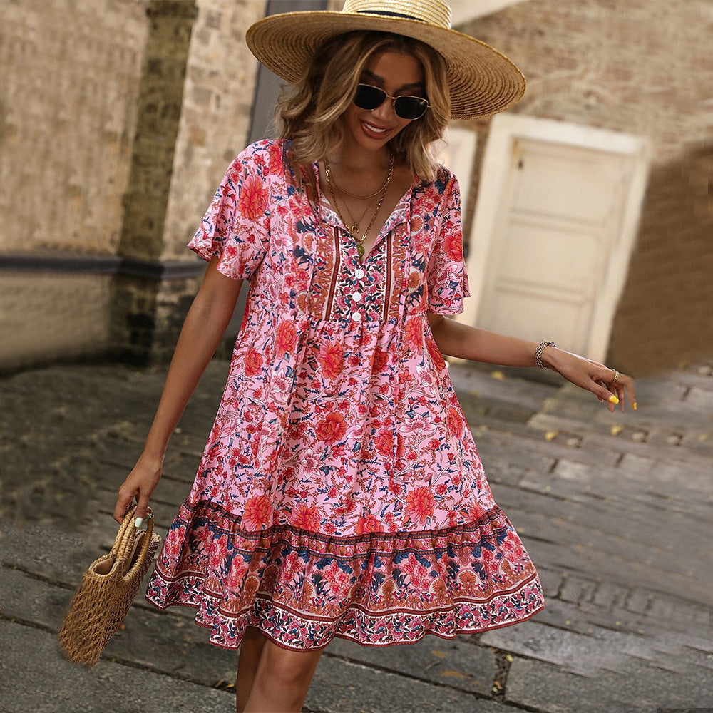 European And American Small Floral V-neck Loose Casual Bohemian Vacation Style Dress