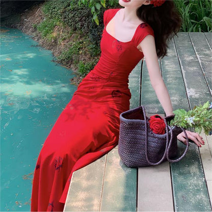 French Red Rose Fishtail Skirt Women's Bright Red Square Collar Holiday Vest Camisole Dress