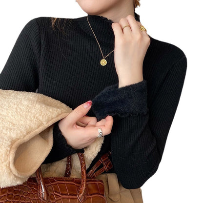 Top de punto con cuello simulado y forro polar para mujer, otoño e invierno