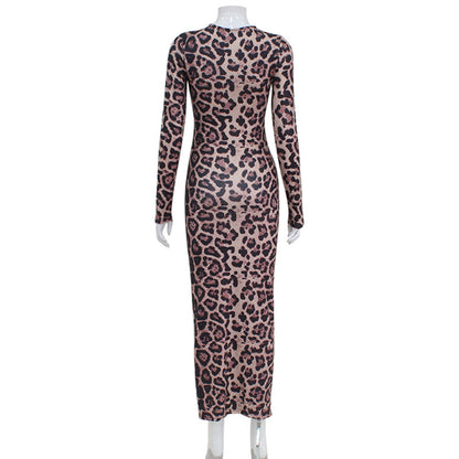 Women's Round Neck Long Sleeved Leopard Print Dress