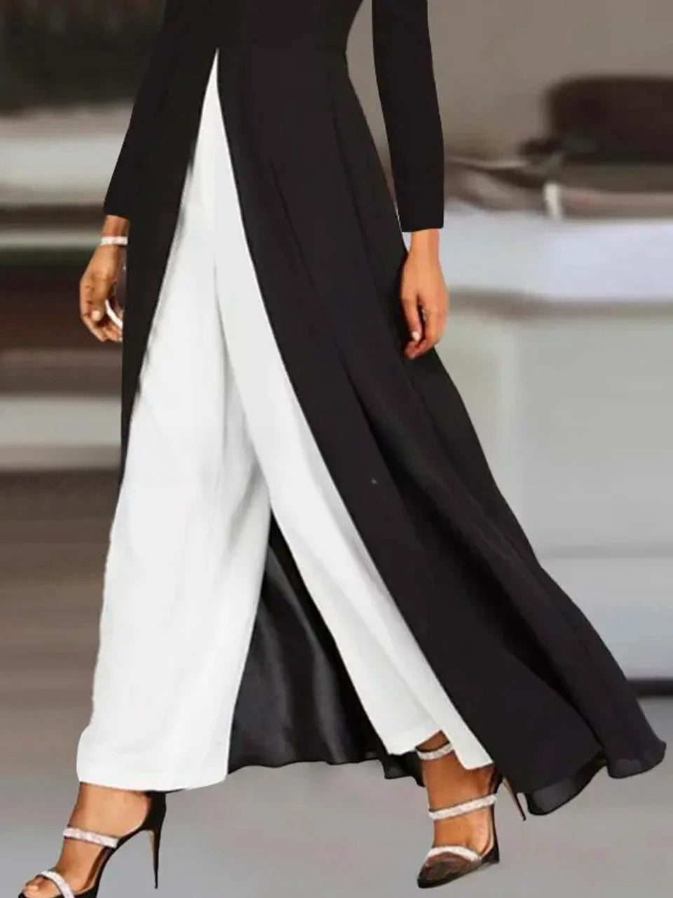 High Open Round-neck Long-sleeved Dress Solid Color Pants Fashion Suit