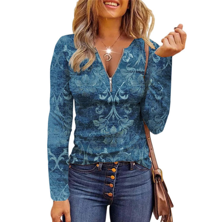 Women's Long Printed Zipper Bottoming Shirt Top