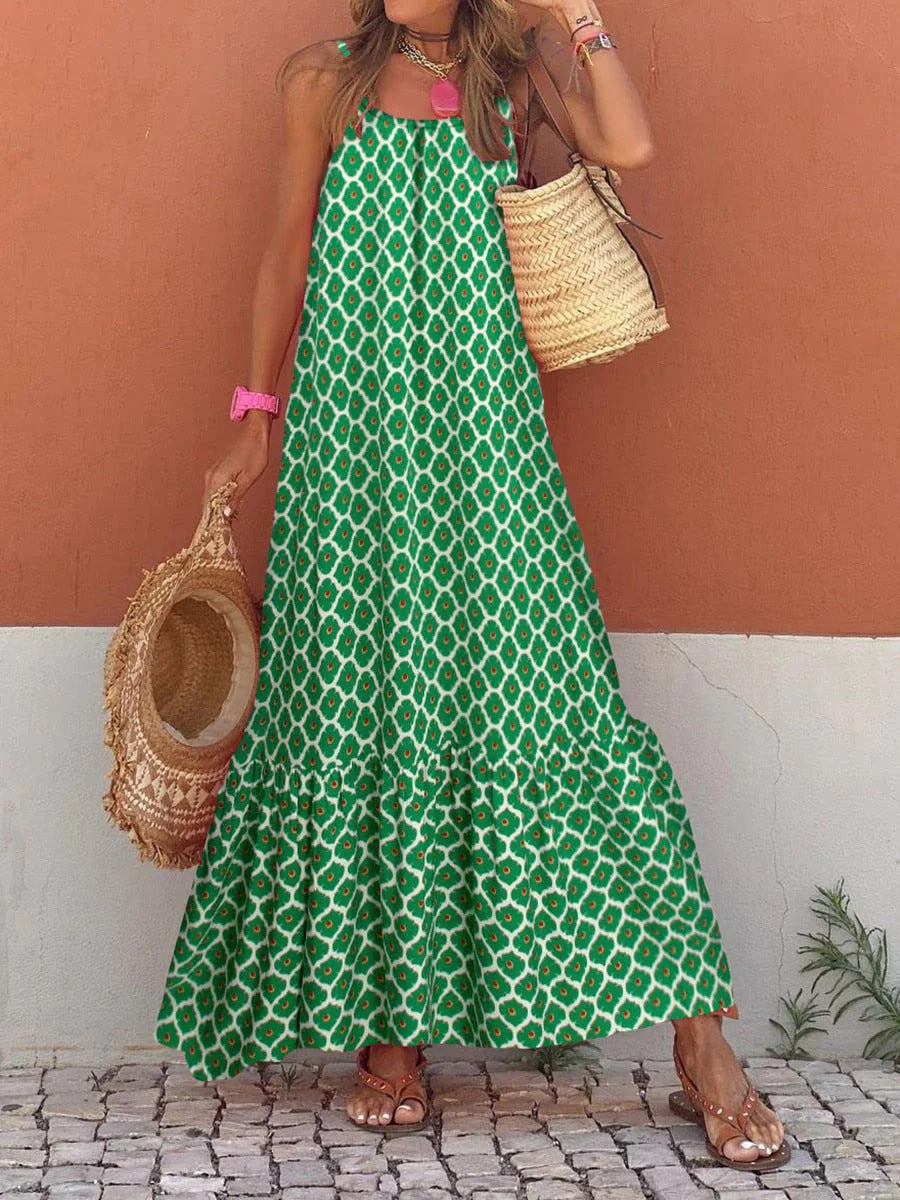 Vestido largo holgado con escote en V y estampado de orejas de madera para vacaciones estilo bohemio europeo y americano