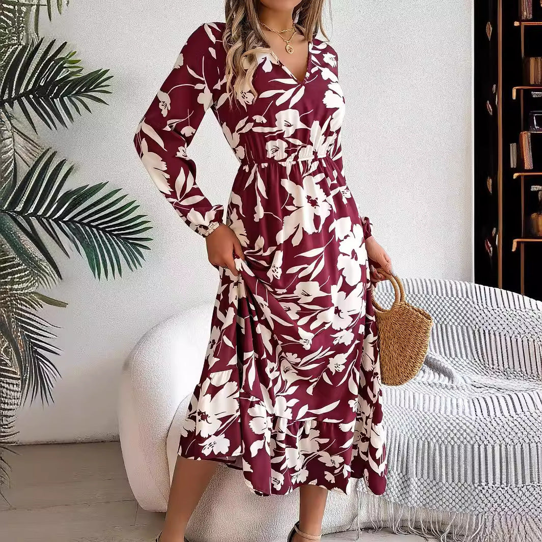 Leisure Flower Waist-controlled Long Sleeves Ruffled Dress