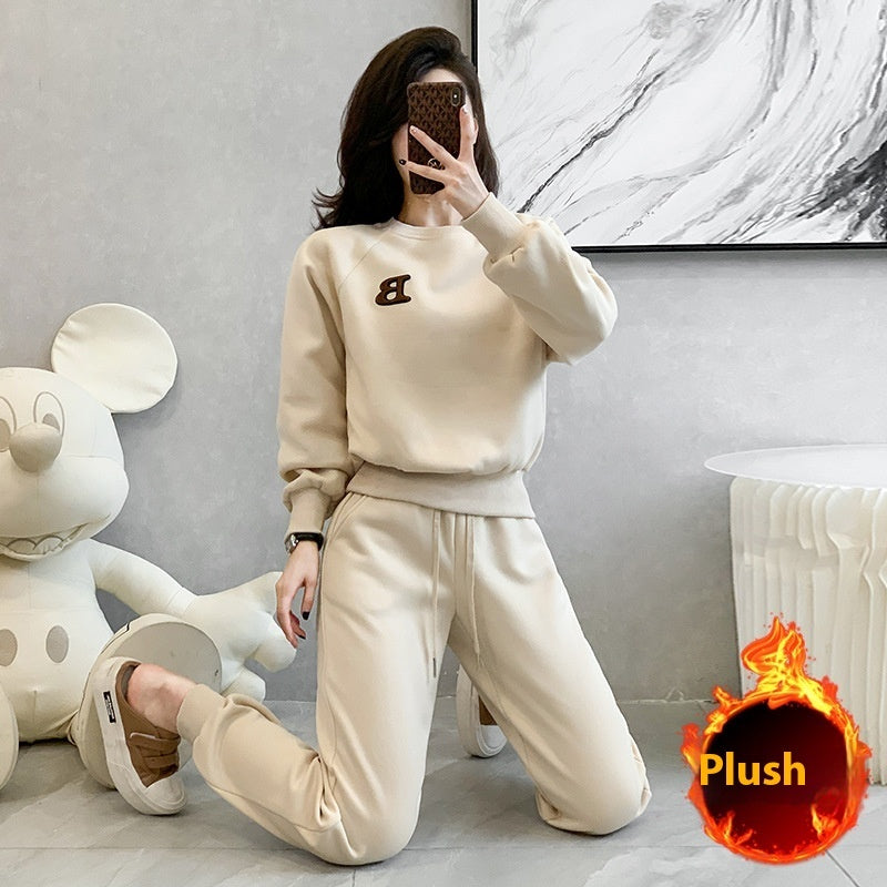 New Trendy Thickening Brushed Hoody Fashionable Stylish Ankle Banded Pants Two-piece Set