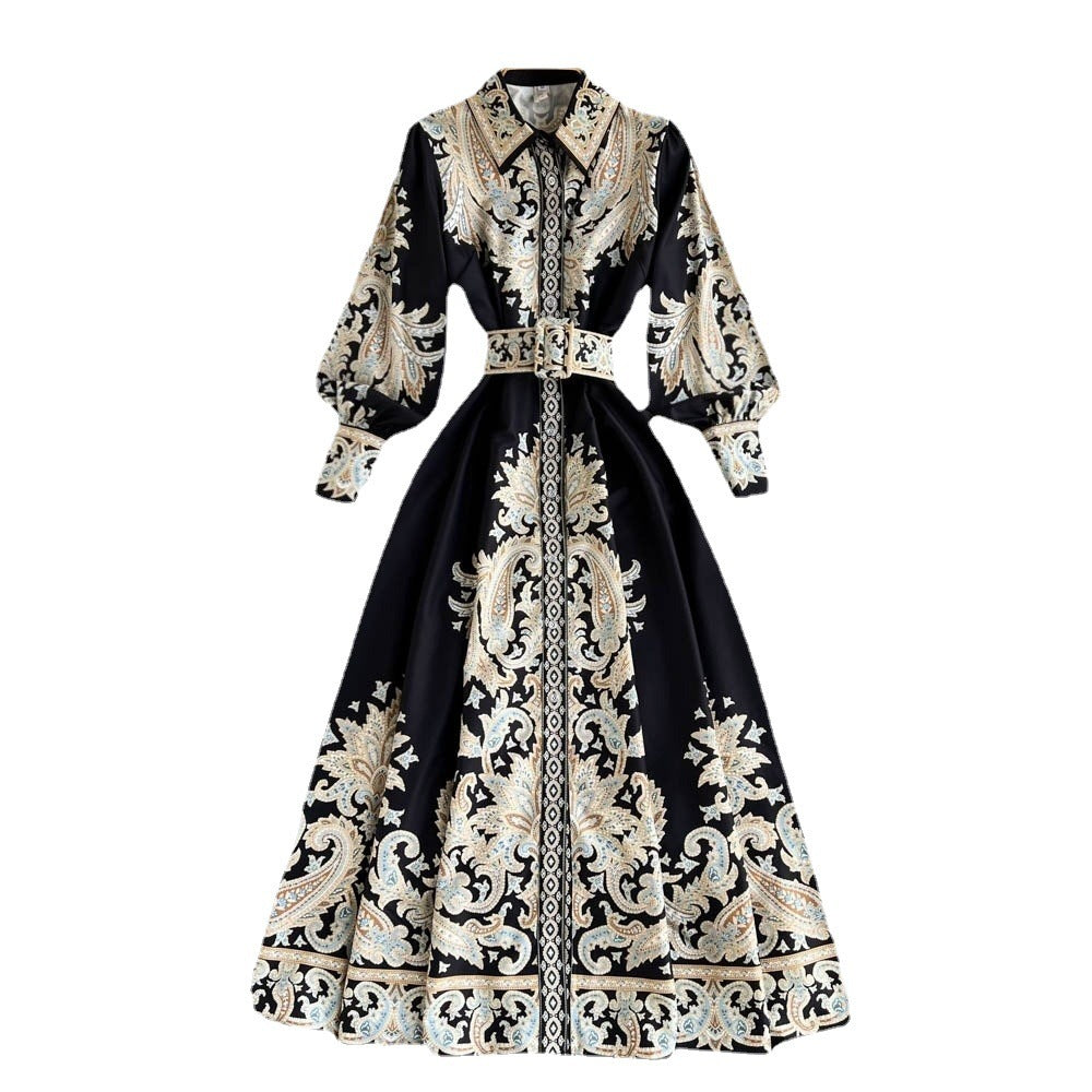 Retro Printed French Waist Dress