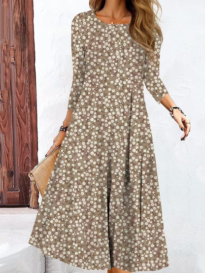 Printed Long Sleeve Round Neck Mid-length Dress