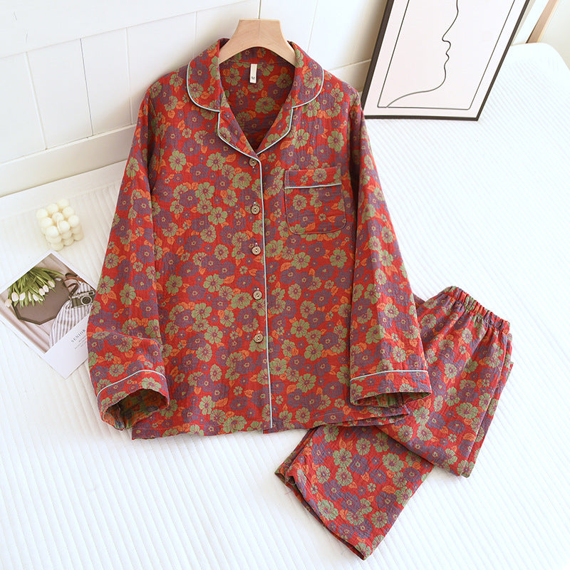 Women's Spring And Autumn Lapel Rose Double-layer Cotton Yarn Long Sleeves Home Wear Suit