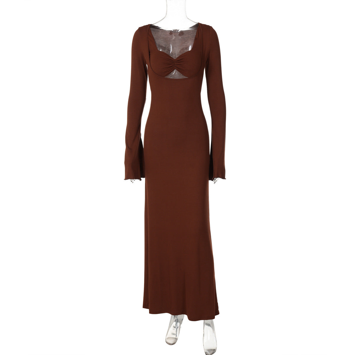 U-shaped Collar Long Sleeve Waist-tight Maxi Dress