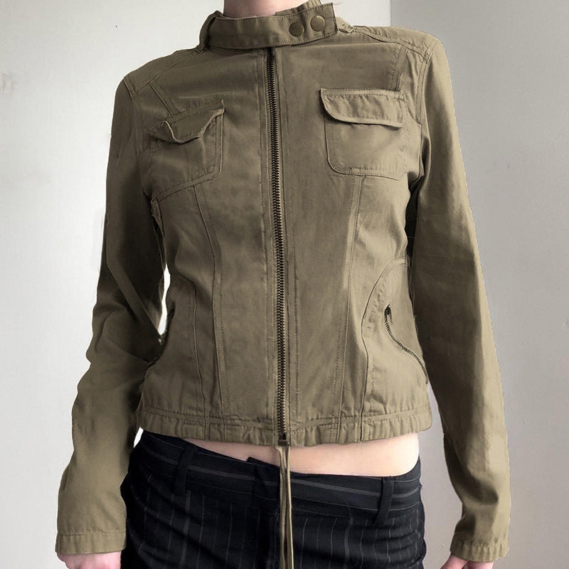 Chaqueta de moda resistente con bolsillo y cremallera y cuello alto para mujer