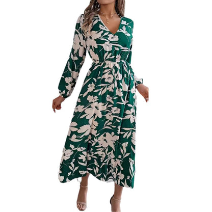 Leisure Flower Waist-controlled Long Sleeves Ruffled Dress