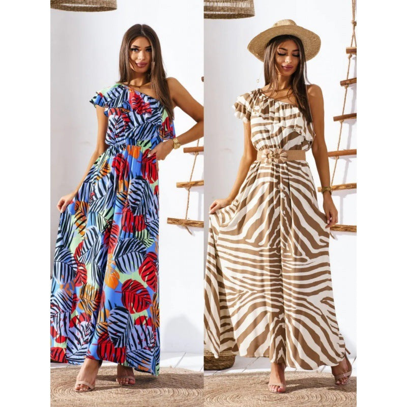 Europe New Off-the-shoulder Fitted Waist Printed Long Dress