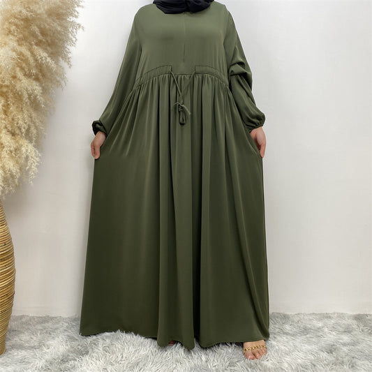 Muslim Simple Design Solid Color Stretch Sleeves, Front Zipper Elegant Swing Dress