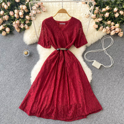 Irregular V-neck Lace-up Waist-controlled Slimming Loose Swing Dress