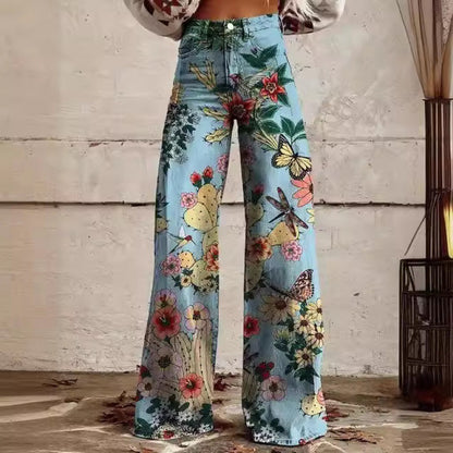 Pantalones anchos de mezclilla de imitación finos y sueltos con cintura alta y estampados para mujer a la moda