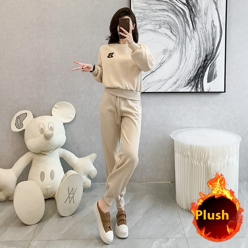 New Trendy Thickening Brushed Hoody Fashionable Stylish Ankle Banded Pants Two-piece Set