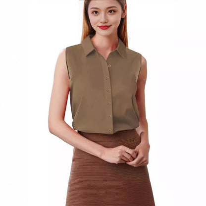 Chemise unie sans manches à revers boutonné pour femme