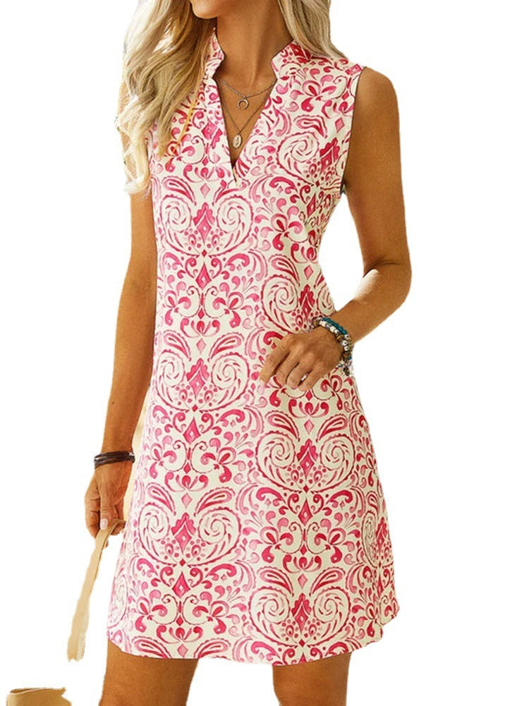 Spring And Summer New Women's V-neck Printed Short Skirt Hot Selling Sweet Rose Red Sleeveless Mini Dress