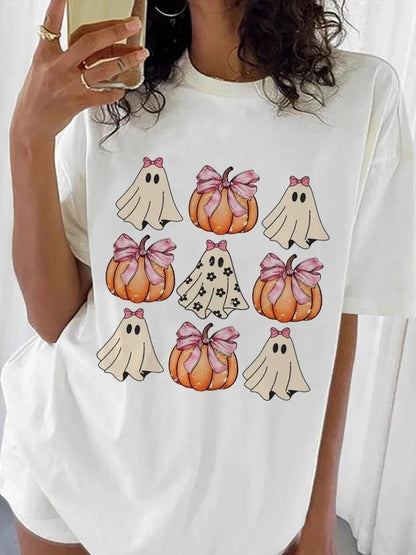 Camiseta de moda con cuello redondo y lazo de calabaza para Halloween