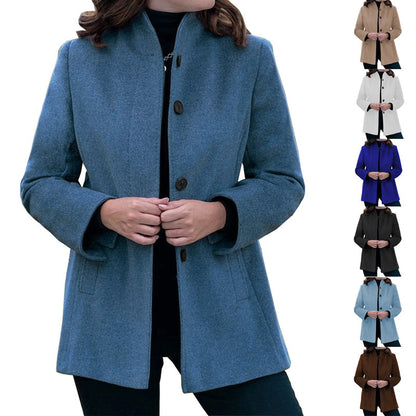 Autumn And Winter Simplicity Long Sleeve Lapel Button Slim-fit Woolen Coat Women