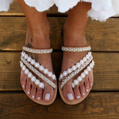 Sandalias de mujer Mules Boho Zapatos de playa Rhinestone Encaje Abalorios Zapatillas planas