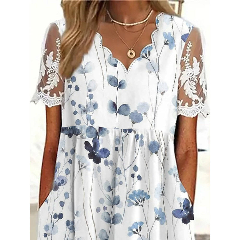 Flower Printed V-neck Short Sleeve Large Swing Vacation Style Dress