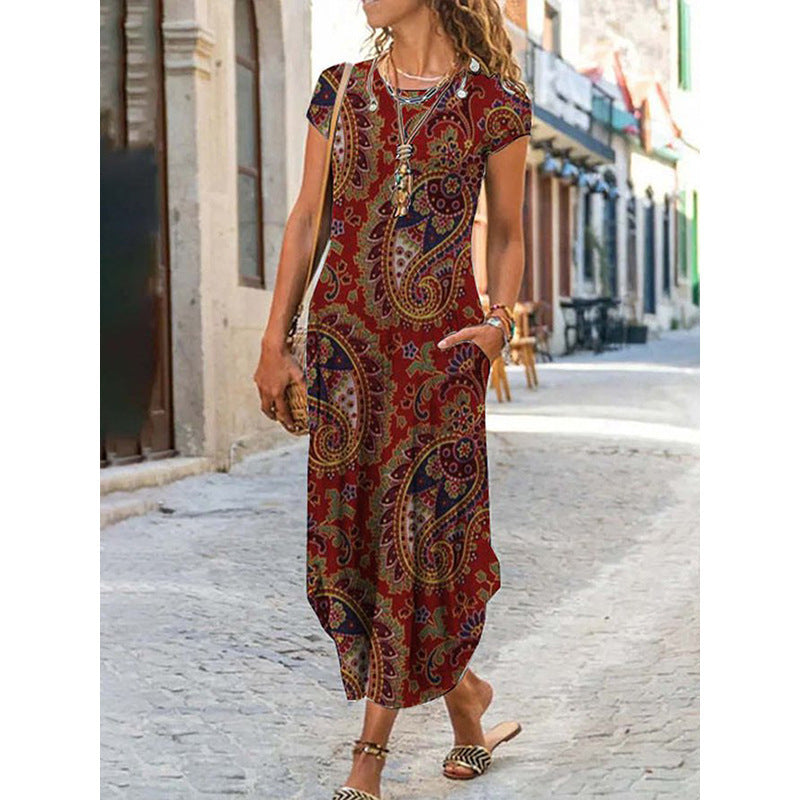 Robe imprimée tendance à manches courtes et col rond pour femme