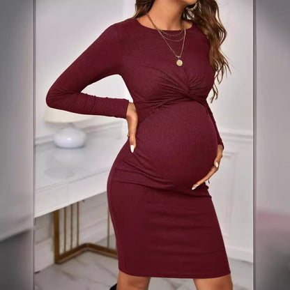 Women's Round Neck Long Sleeve Knitted Dress For Pregnant Women