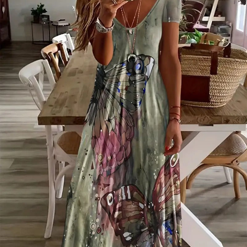 Vestido de manga corta estampado de verano diario de playa bohemia