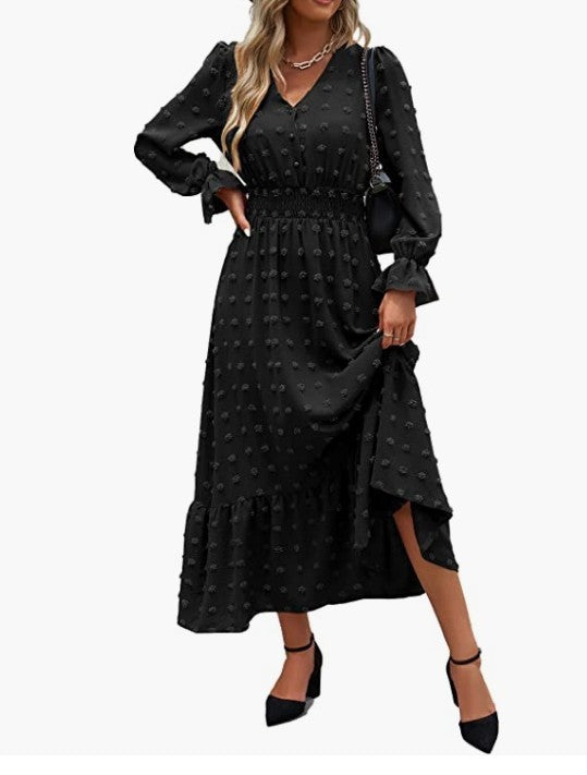 Bohemian Long Sleeve V-neck Polka Dot Dress