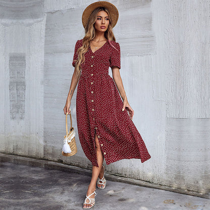 Cross-border Skirt V-neck Short Sleeve Polka Dot Dress