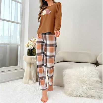 Home Wear Autumn And Winter Pajamas Suit Long Sleeve Printed Plaid Trousers Two-piece Set