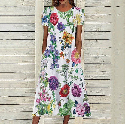 Printed Short Sleeve Pullover Round Neck Dress