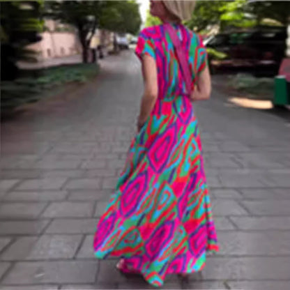 Spring And Summer Women's Clothing Digital Printed V-neck Leisure Short Sleeve Stitching Dress