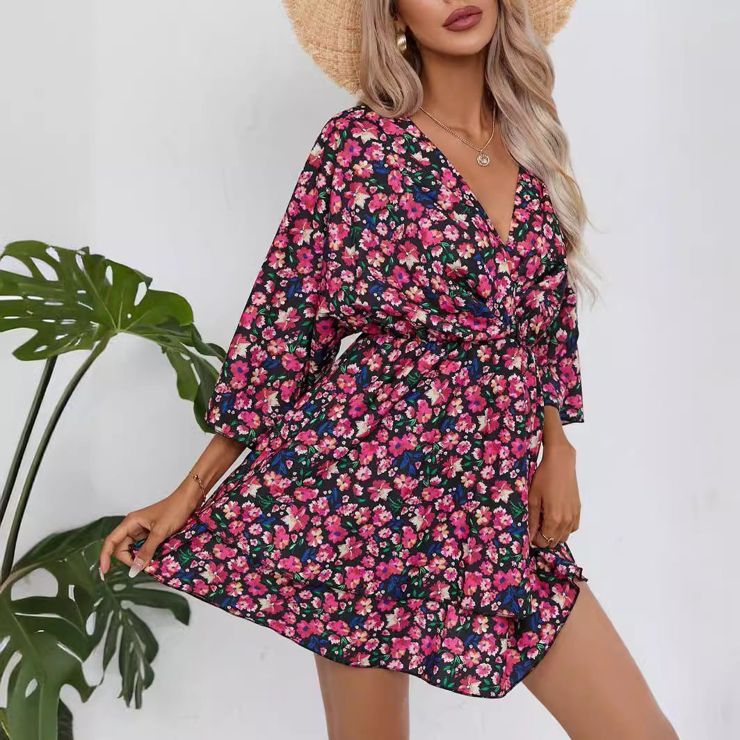 Printed V-neck Women's Clothing Dress