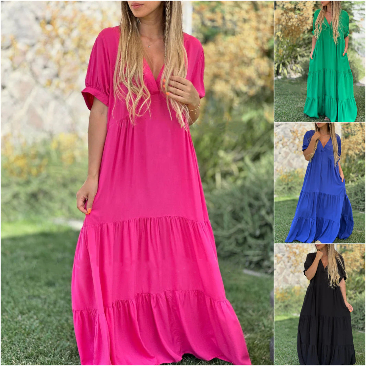 Robe longue décontractée à col en V pour femme