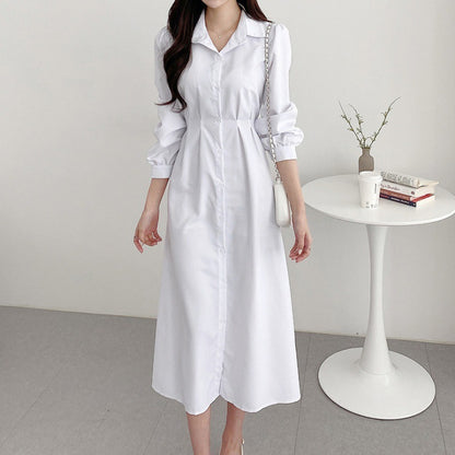 Polo Collar Temperament Waist-controlled Slimming Puff Sleeve Tied Dress