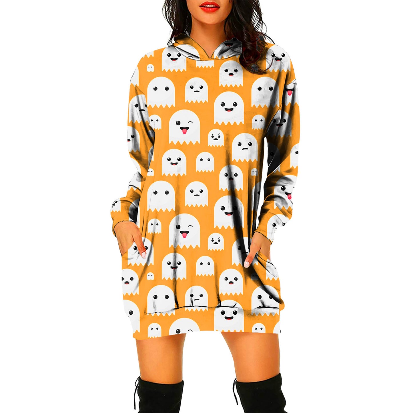 Halloween Theme Women's Pullover Hooded Sweater Dress