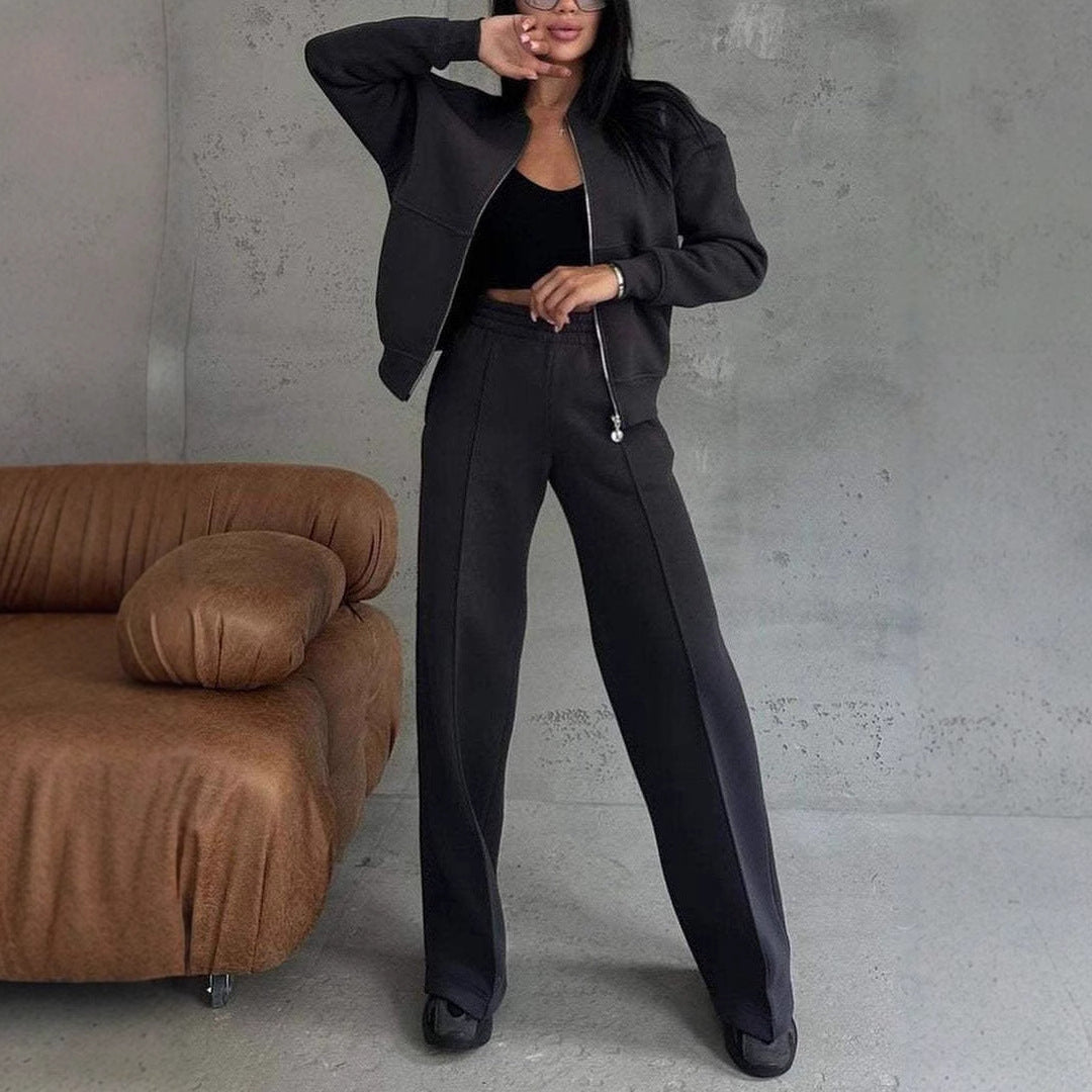 Women's Zipper Jacket Wide Leg Pants Two-piece Set